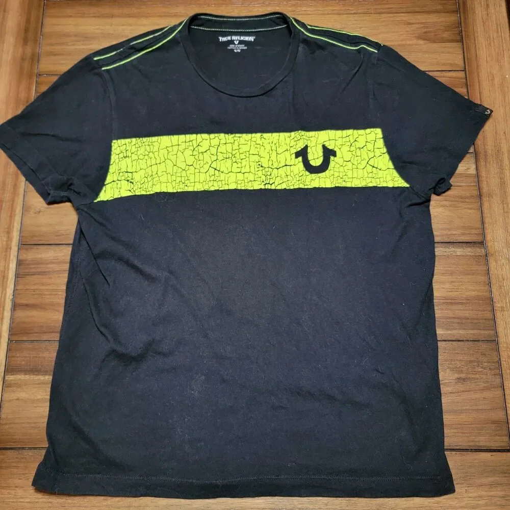 True Religion SS Black Unisex Tee Neon Yellow Stripe - Size XL